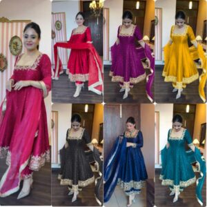 pur vichitra silk anarkali gown,dupatta & pent plazzo set