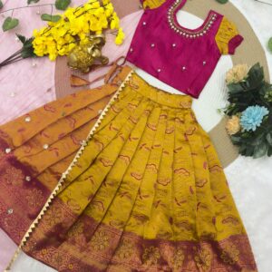 stylish kids’ lehenga zari skirt & magenta mirror work blouse