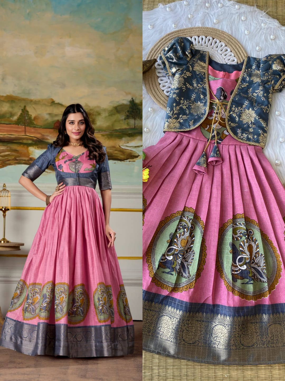 mother daughter dola silk gowns combo mother daughter dola silk gowns combo