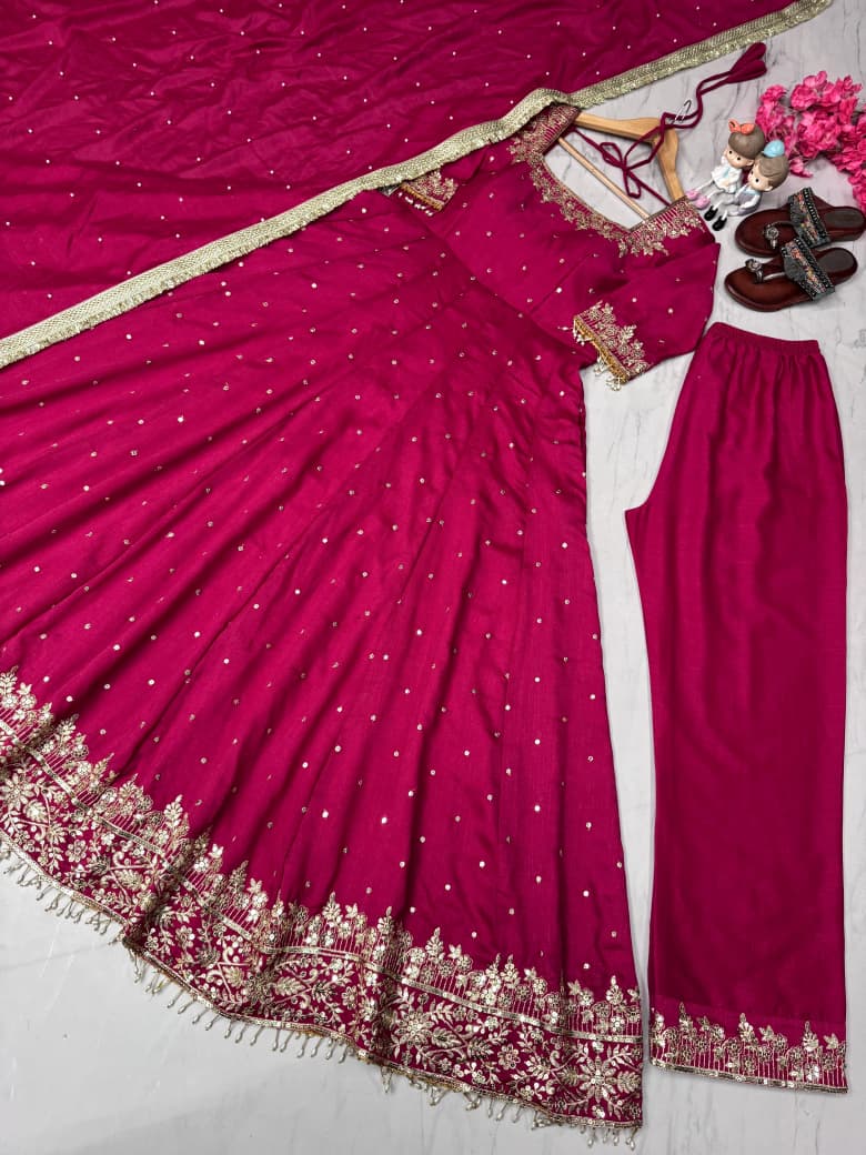 pur vichitra silk anarkali gown,dupatta & pent plazzo set pur vichitra silk anarkali gown,dupatta & pent plazzo set